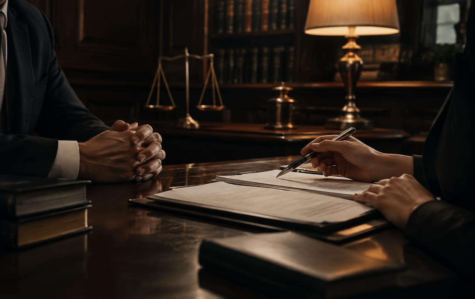 Hands over legal documents at a desk in a law office